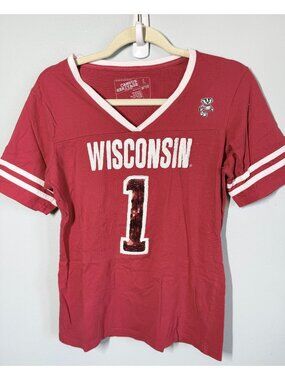 Campus Heritage Womens Large Wisconsin Badger V Neck T-Shirt Red/White Bucky
